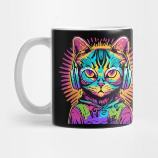 t-shirt design, colorful cat with headphones on, graffiti art psychedelic art, black background, synthwave, colorful Mug